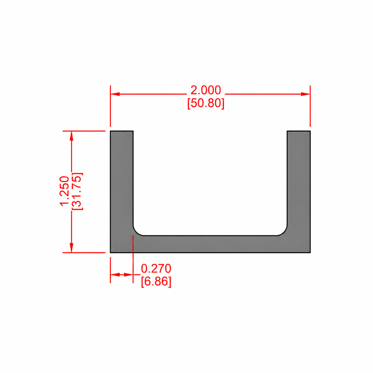 Canal de Aluminio 2" × 1-1/4" × 0.270" (50.80 × 31.75 × 6.86 mm)