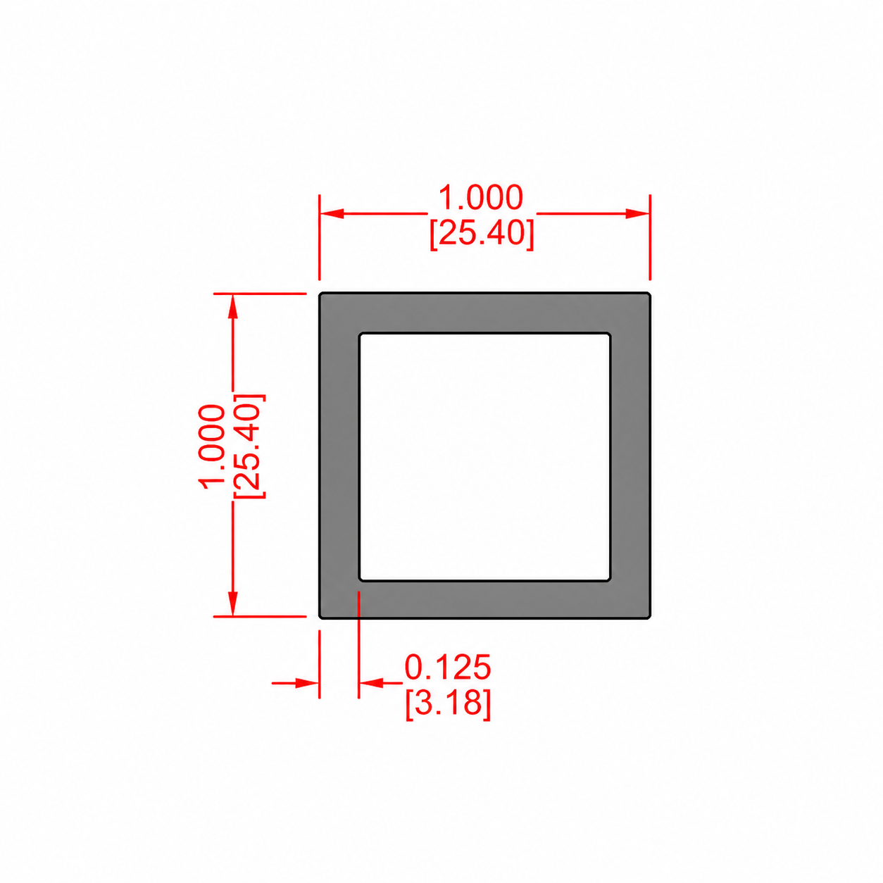 Tubo Cuadrado de Aluminio 1" × 1" × 0.125" (25.40 × 25.40 × 3.18 mm)