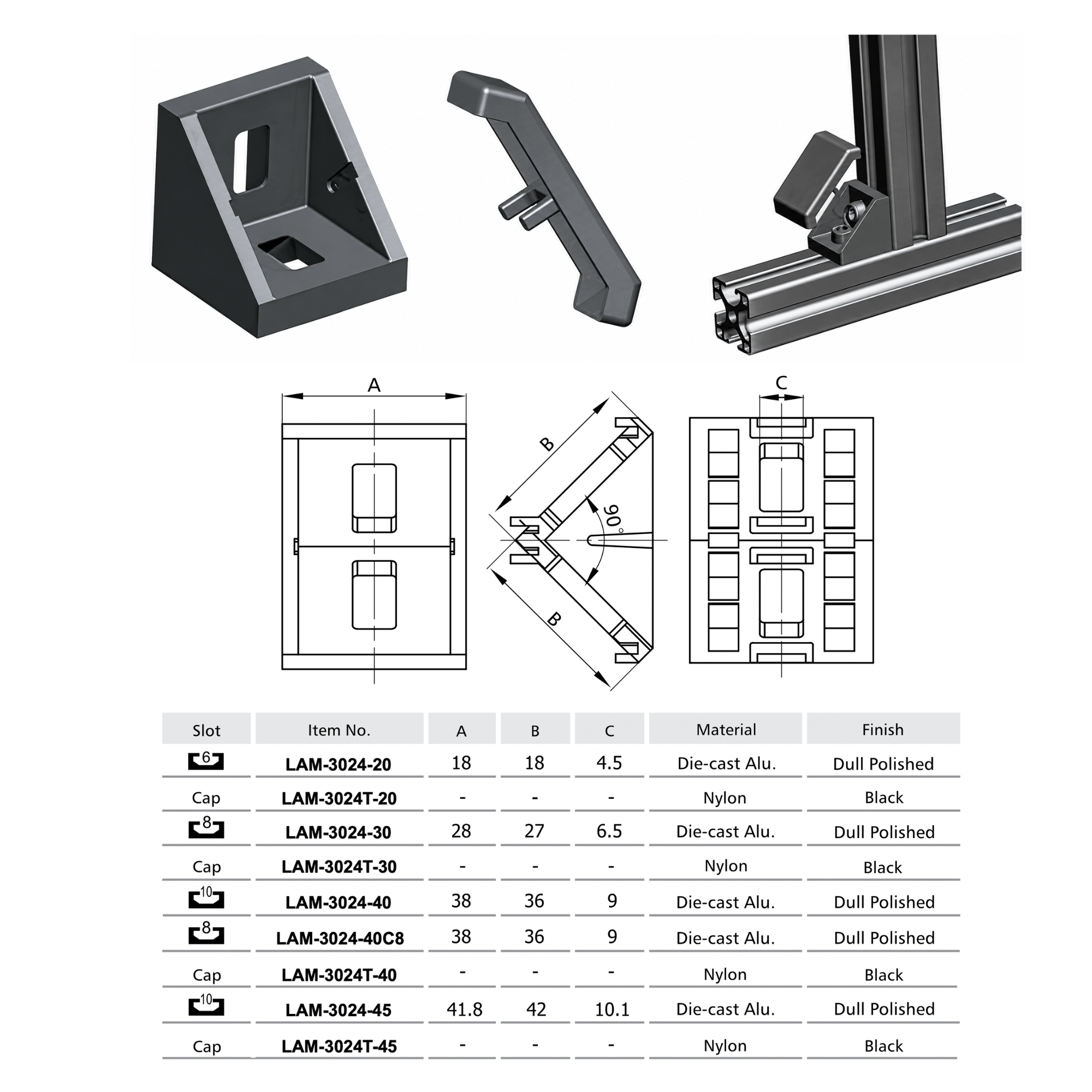 Escuadra Interna de Unión 90° para Perfiles Estructurales de Aluminio – Serie LAM-3024