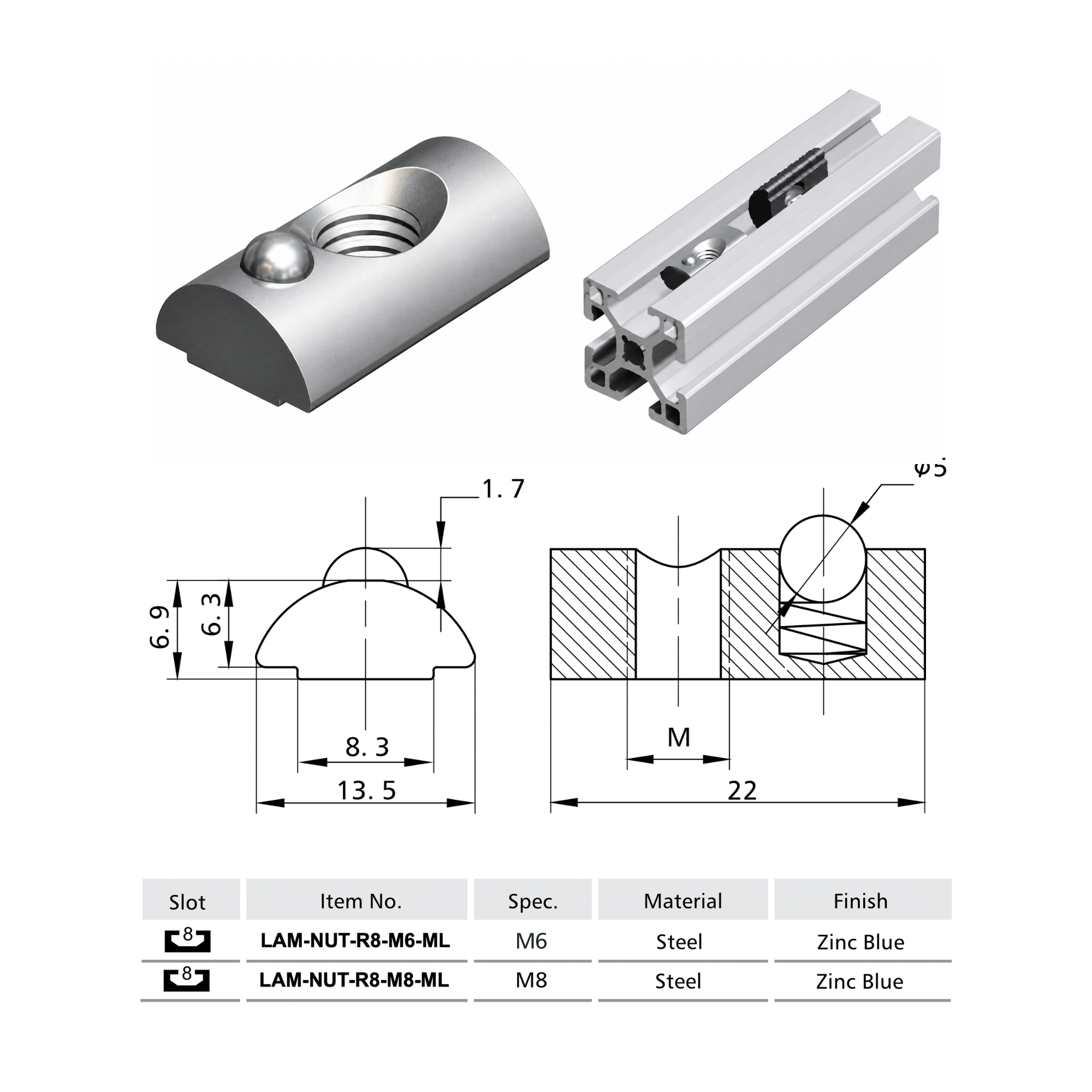 Tuerca de Bola con Resorte para Perfiles Estructurales – Serie LAM-NUT-R8-ML