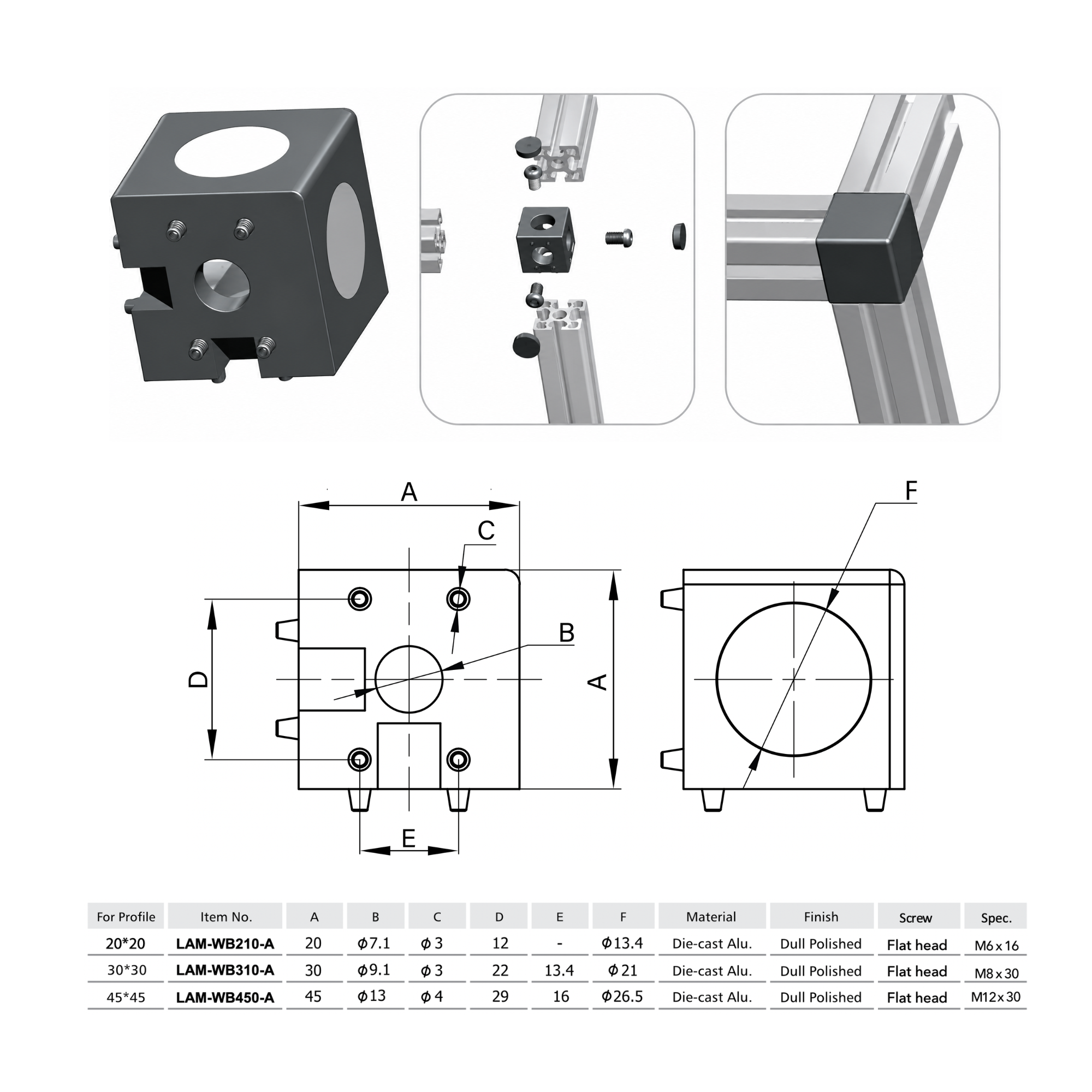 Cubo de Unión Interna para Perfiles de Aluminio Serie 20, 30 y 45