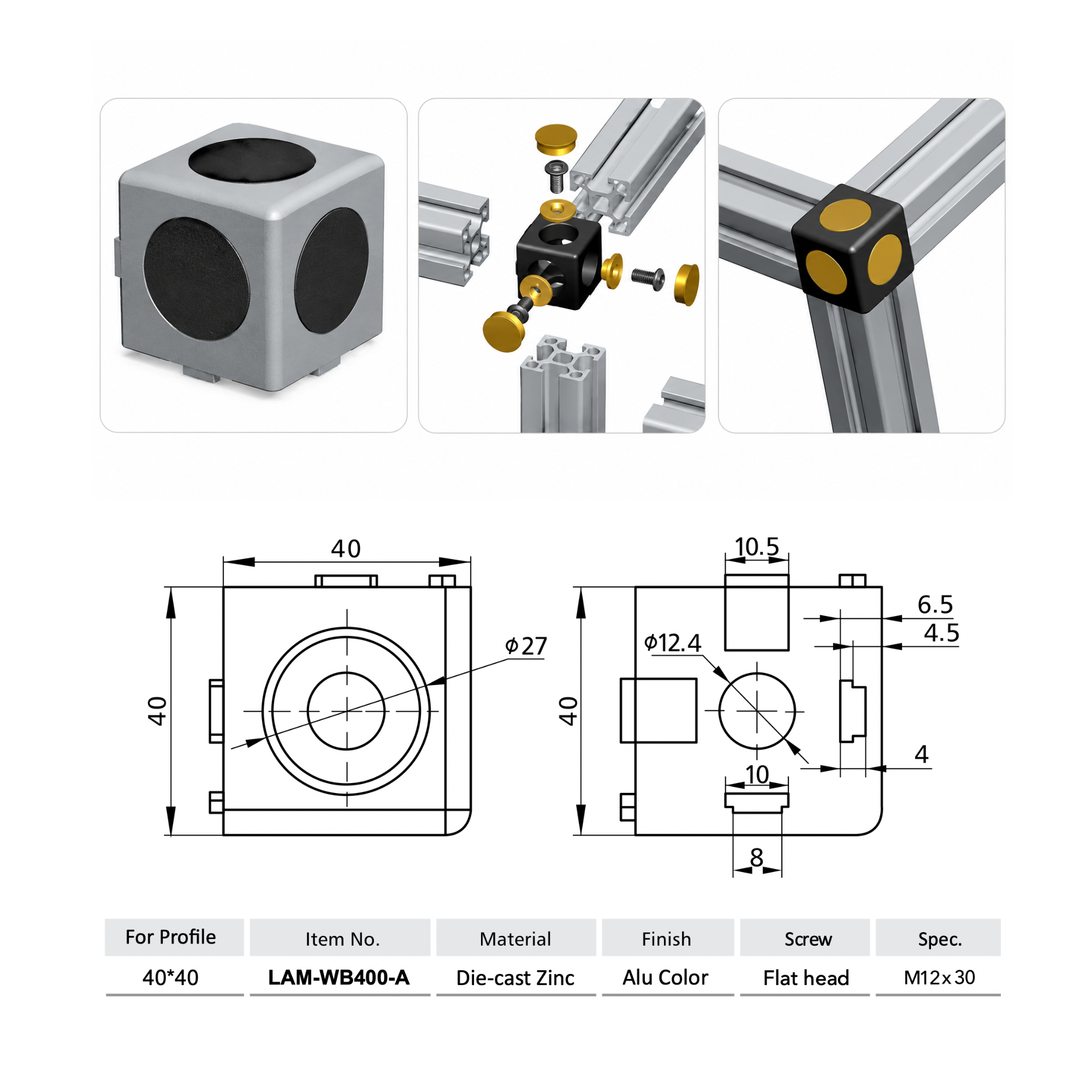 Cubo de Unión Interna para Perfiles de Aluminio 40×40
