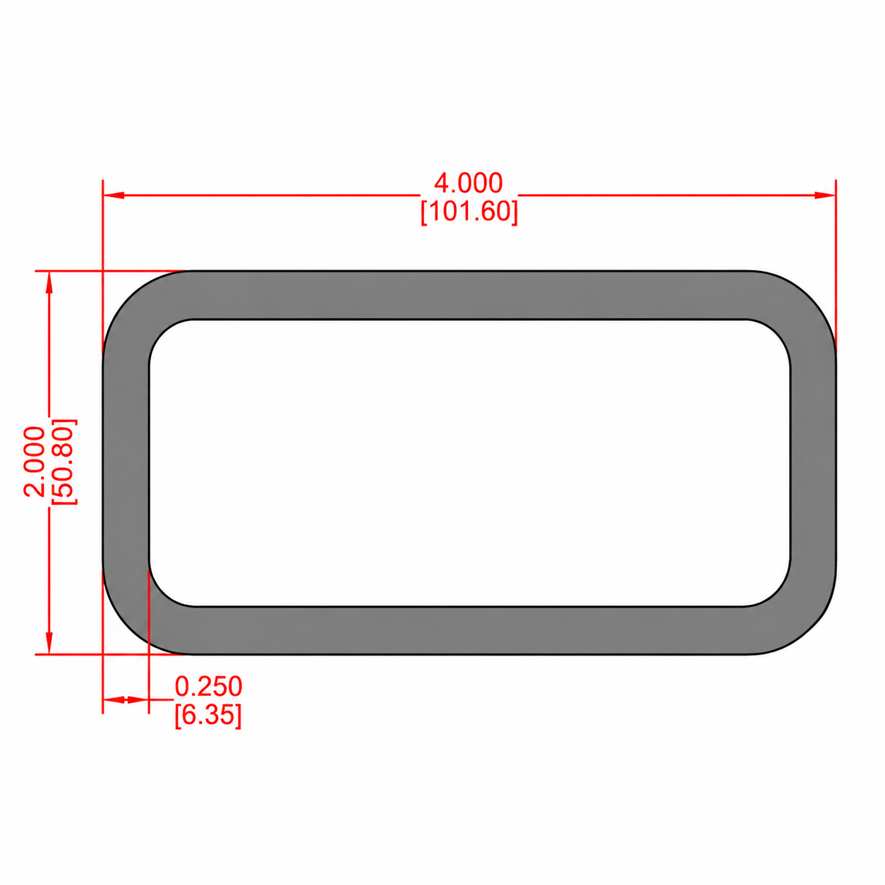 Tubo Rectangular de Aluminio 4" × 2" × 0.250" (101.60 × 50.80 × 6.35 mm)